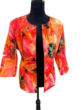 Coldwater Creek Linen Blend Tropical Floral Orange Summer Blazer Jacket Size 10